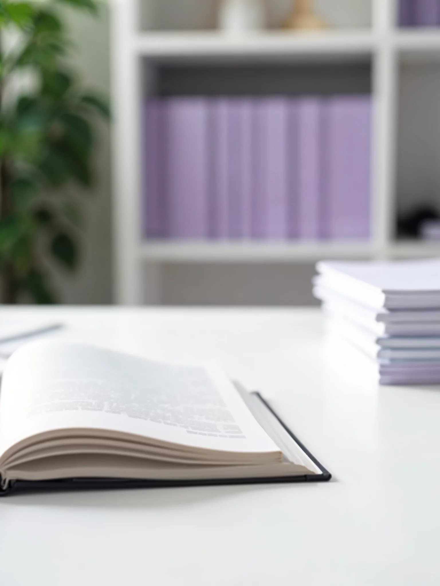 Book on desk purple hues in background